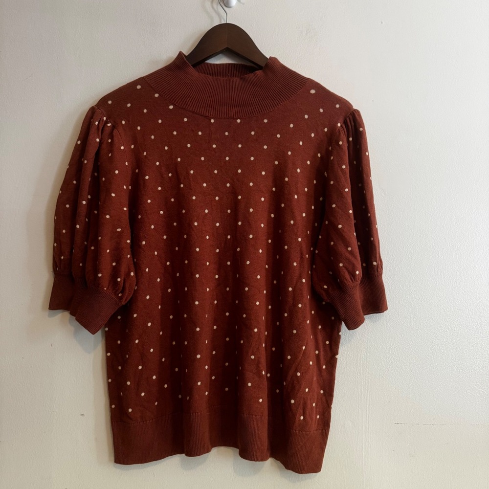 Halogen Women's Sz L Rust Polka Dot Mock Neck Puff Sleeve Sweater Fall Basis